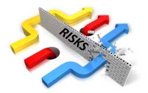 A brick wall with text "RISKS" with three arrows going under, around and through the wall as options to addressing risks