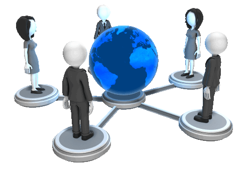 Business people with spinning globe in middle of them