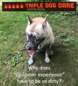 Husky Dog with mud on face and statement "Why does customer experience need to be so dirty"
